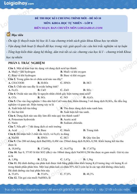 Đề thi học kì 1 KHTN 8 Kết nối tri thức - Đề số 10